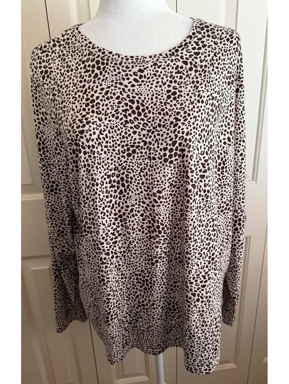Lands’ End 1X 16W 18W Leopard Print Cotton Long Sleeve Top Brown Cream